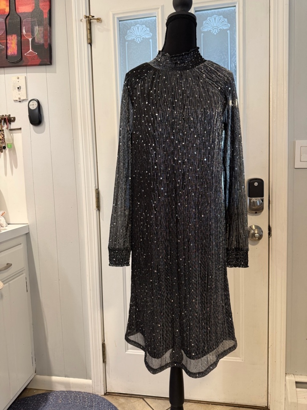 Nina Leonard Black Sequined‎ Long-Sleeve Shift Dress